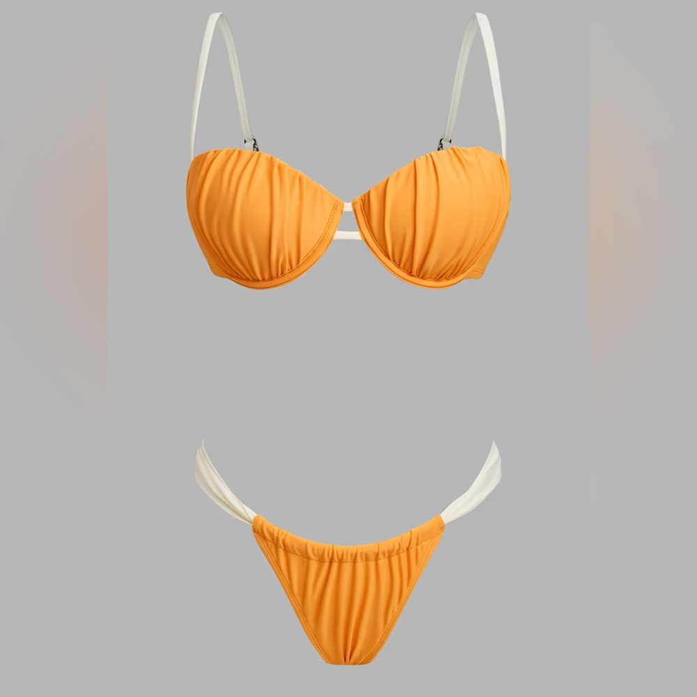 Cupshe Orange and White Ruched Bikini Set